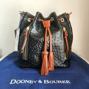 NWT Rare Dooney & Bourke Black and Tan Drawstring Ostrich Cooper Bag